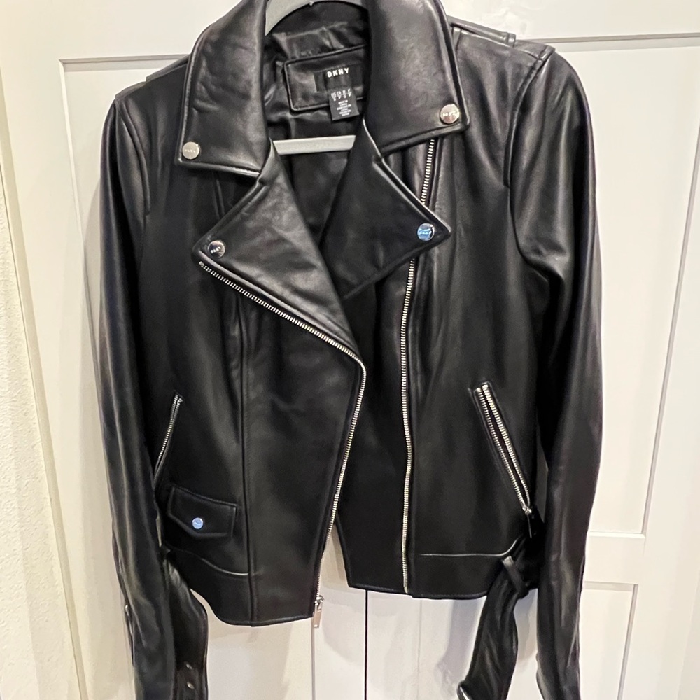 DKNY black leather jacket, silver hardware